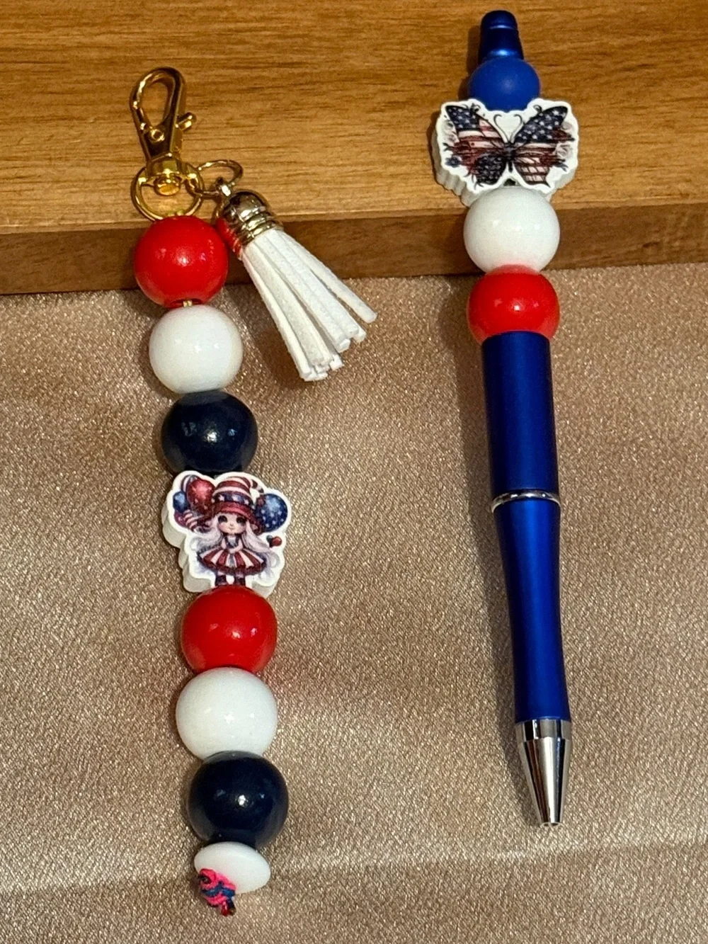 Patriotic 4th of July Beaded Pen Keychain Wristlet Set USA Gnome Gift BTJ